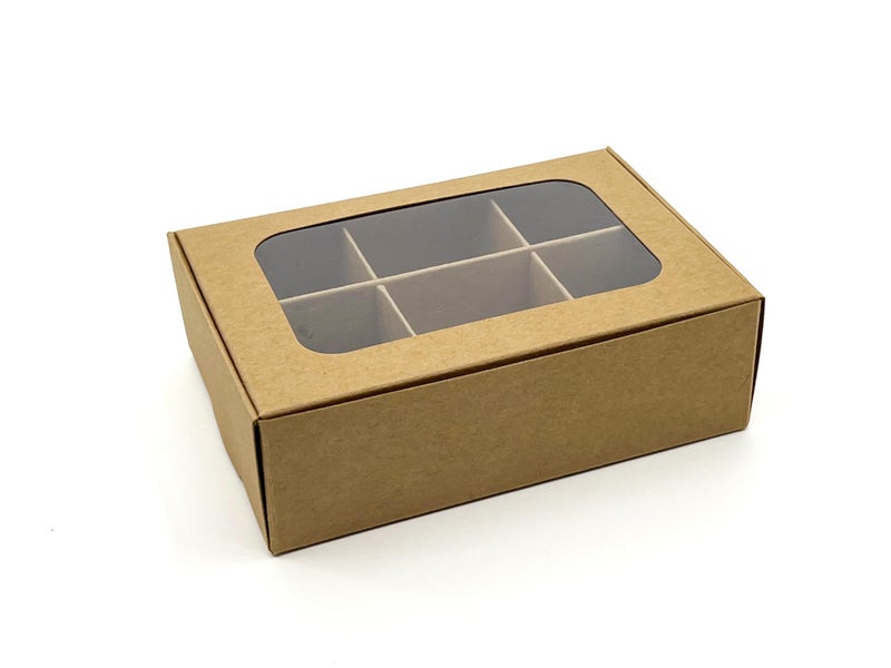 GRETEL BAKING 20pcs Kraft Treat Boxes with Window and Dividers | 6 X-SMALL compartments | 5 x 3.5 x 1.57 in | Empty candy boxes for gift giving, truffle box - perfect for Valentine's Day - Image 1